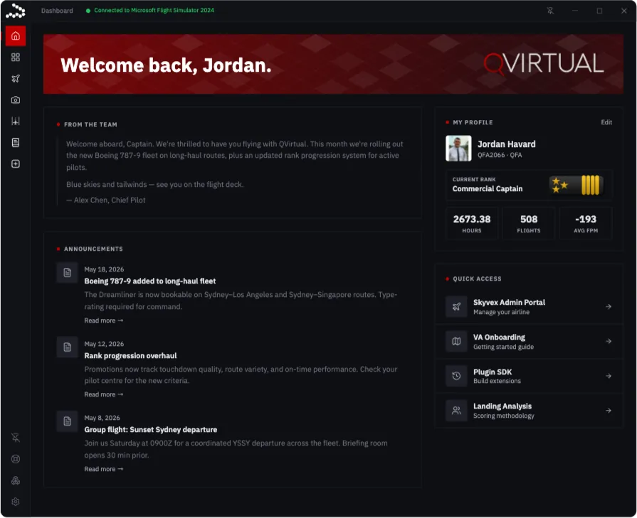 Stratos Dashboard branded for QVirtual — welcome message, announcements, pilot profile, and rank progression